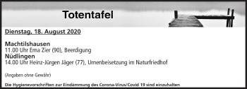 Anzeige von Totentafel vom 18.08.2020 von MGO