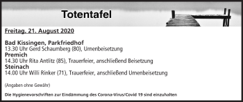 Anzeige von Totentafel vom 21.08.2020 von MGO