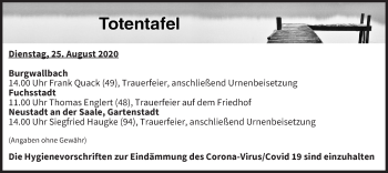 Anzeige von Totentafel vom 25.08.2020 von MGO