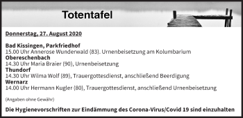 Anzeige von Totentafel vom 27.08.2020 von MGO