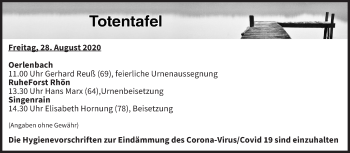 Anzeige von Totentafel vom 28.08.2020 von MGO