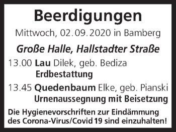 Anzeige von Beerdigungen vom 02.09.2020 von MGO