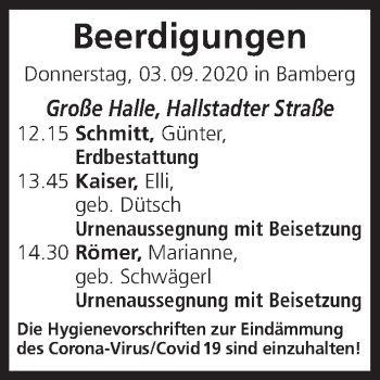 Anzeige von Beerdigungen vom 03.09.2020 von MGO