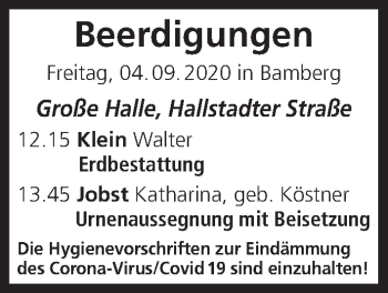 Anzeige von Beerdigungen vom 04.09.2020 von MGO