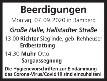 Anzeige von Beerdigungen vom 07.09.2020 von MGO