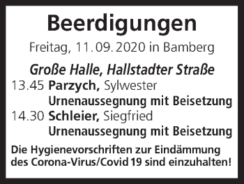 Anzeige von Beerdigungen vom 11.09.2020 von MGO