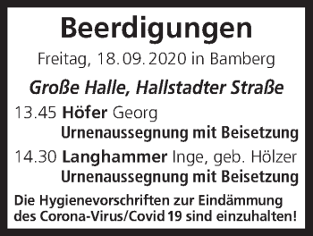 Anzeige von Beerdigungen vom 18.09.2020 von MGO