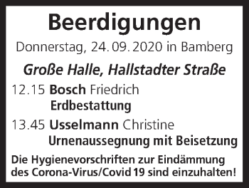 Anzeige von Beerdigungen vom 24.09.2020 von MGO