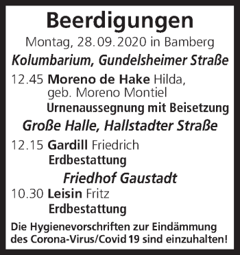 Anzeige von Beerdigungen vom 28.09.2020 von MGO