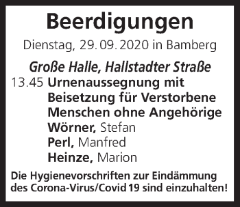 Anzeige von Beerdigungen vom 29.09.2020 von MGO