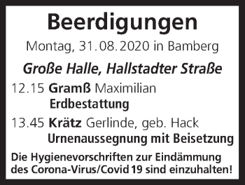 Anzeige von Beerdigungen vom 31.08.2020 von MGO