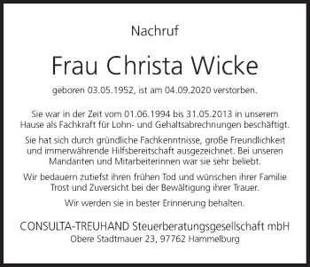 Anzeige von Christa Wicke von MGO