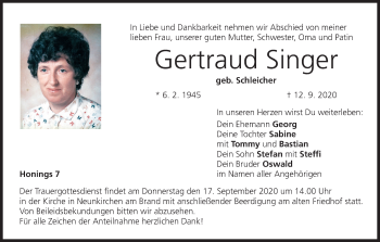 Anzeige von Gertraud Singer von MGO