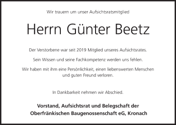 Anzeige von Günter Beetz von MGO