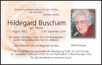 Anzeige von Hildegard Buscham von MGO