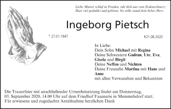 Anzeige von Ingeborg Pietsch von MGO