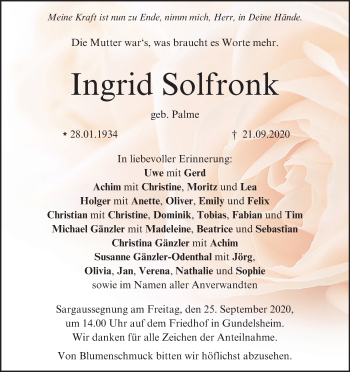 Anzeige von Ingrid Solfronk von MGO