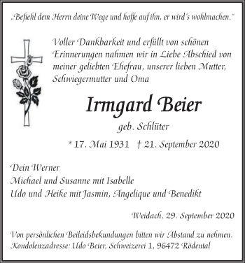 Anzeige von Irmgard Beier von MGO
