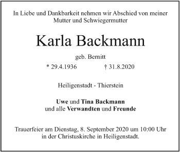 Anzeige von Karla Backmann von MGO