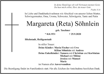 Anzeige von Margareta  Söhnlein von MGO