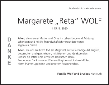 Anzeige von Margarete Wolf von MGO