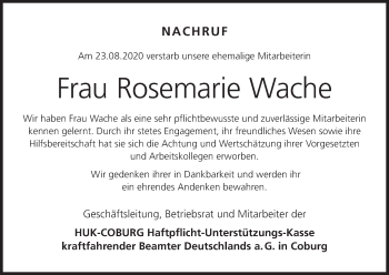 Anzeige von Rosemarie Wache von MGO