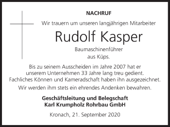 Anzeige von Rudolf Kasper von MGO
