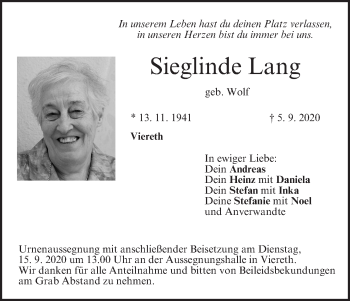 Anzeige von Sieglinde Lang von MGO