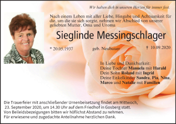 Anzeige von Sieglinde Messingschlager von MGO