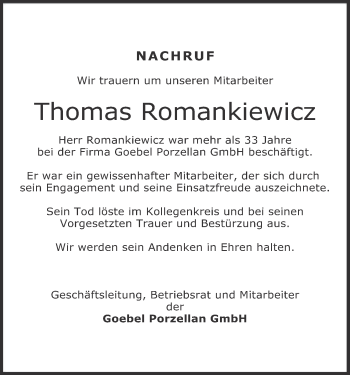 Anzeige von Thomas Romankiewicz von MGO