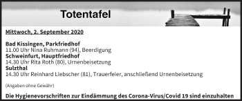 Anzeige von Totentafel vom 02.09.2020 von MGO