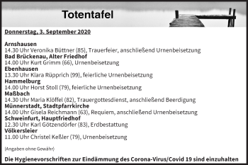 Anzeige von Totentafel vom 03.09.2020 von MGO