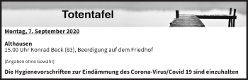 Anzeige von Totentafel vom 07.09.2020 von MGO