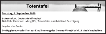 Anzeige von Totentafel vom 08.09.2020 von MGO