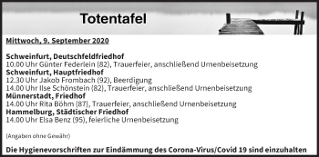 Anzeige von Totentafel vom 09.09.2020 von MGO