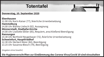 Anzeige von Totentafel vom 10.09.2020 von MGO
