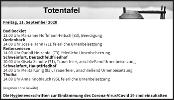 Anzeige von Totentafel vom 11.09.2020 von MGO