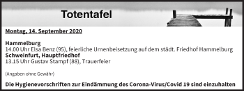Anzeige von Totentafel vom 14.09.2020 von MGO