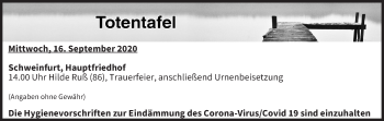 Anzeige von Totentafel vom 16.09.2020 von MGO