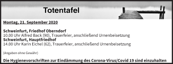 Anzeige von Totentafel vom 21.09.2020 von MGO
