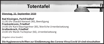 Anzeige von Totentafel vom 22.09.2020 von MGO