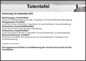 Anzeige von Totentafel vom 24.09.2020 von MGO