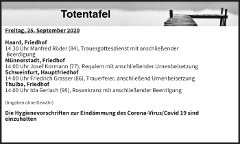 Anzeige von Totentafel vom 25.09.2020 von MGO