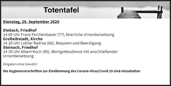 Anzeige von Totentafel vom 29.09.2020 von MGO
