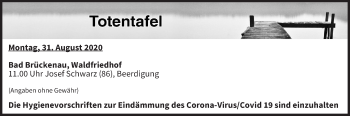 Anzeige von Totentafel vom 31.08.2020 von MGO