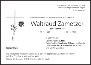 Anzeige von Waltraud Zametzer von MGO
