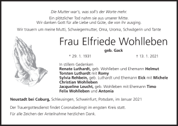 Anzeige von Elfriede Wohlleben von MGO