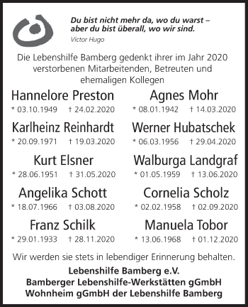 Anzeige von Hannelore Preston von MGO