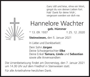 Anzeige von Hannelore Wachter von MGO