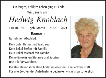 Anzeige von Hedwig Knoblach von MGO